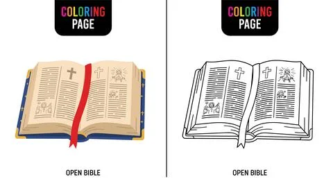 Open Bible with red ribbon bookmark, showing religious illustrations and cros Ilustración de archivo