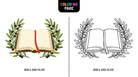 Open Bible surrounded by olive branches with berries, presented as a coloring Stock Illustration