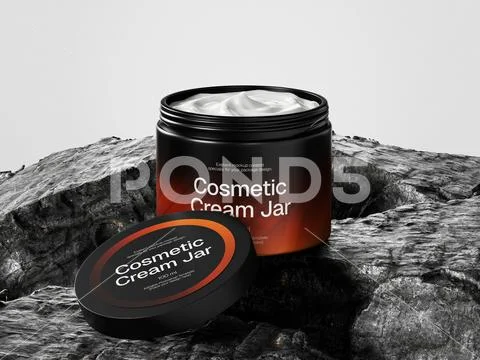 Open Black and Orange Cosmetic Cream Jar Mockup on Natural Stone PSD Template