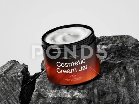 Open Black and Orange Cosmetic Cream Jar Mockup on Natural Stone PSD Template