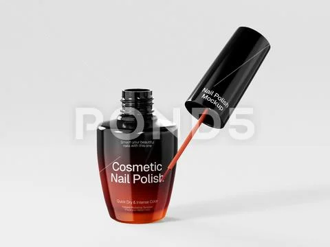 Open Black and Red Gradient Nail Polish Bottle with Brush Applicator Mockup PSD 模板
