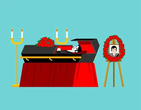 Open black coffin with red lining, portrait, and candles on a stand. Simple.. Stock Illustration
