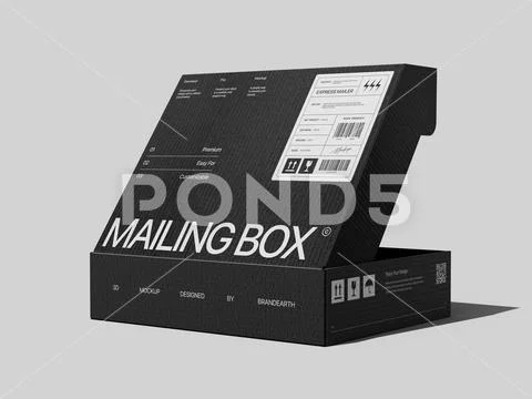 Open Black Corrugated Mailing Box Mockup with Shipping Label on Gray Background PSD Template