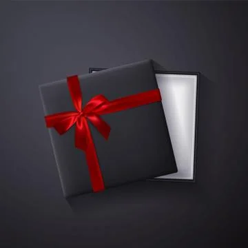 Open black empty gift box with red bow and ribbon on dark background. Top vie Stock Illustration