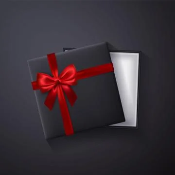Open black empty gift box with red bow and ribbon on dark background. Top vie Stock Illustration