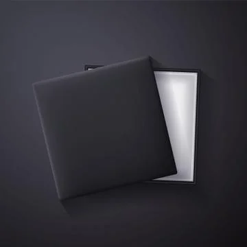 Open black empty gift box on dark background. Top view. Template for your pre Stock Illustration