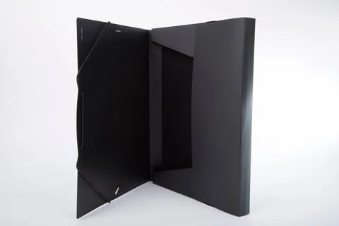 Open black empty plastic file cover folder isolated on white background Foto stock