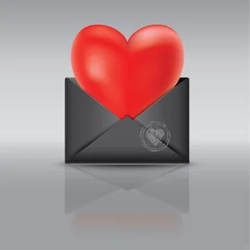An open black envelope. Red heart Stock Illustration