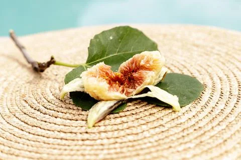 Open black fig with red core on a green leaf Stock Photos