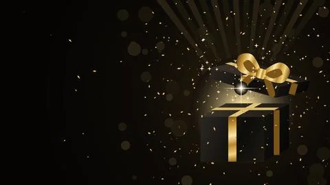 Open black gift box in 3D view with gold ribbon and golden light Stock Illustration