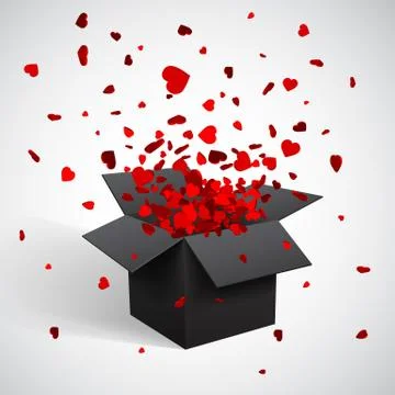 Open Black Gift Box and Heart Confetti. Christmas and Valentine Background. V Stock Illustration