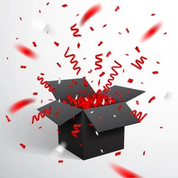 Open Black Gift Box and Confetti. Christmas and Valentine Background. Vector  스톡 일러스트