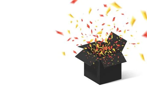 Open Black Gift Box and Confetti. Vector Illustration. Stock Illustration