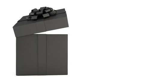 Open black gift box with black ribbon and bow isolated on white background and Illustrazione stock