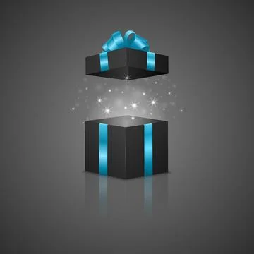 Open Black Gift Box with Blue Ribbon and Magic Glow and Reflection, Vector Stock Illustration