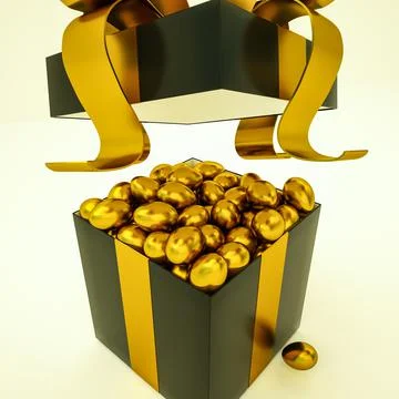 Open black gift box full of golden easter eggs. 3d render illustration Stock Illustration