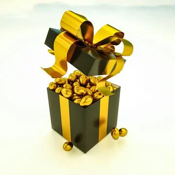 Open black gift box full of golden easter eggs. 3d render illustration Stock Illustration