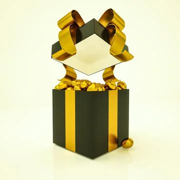 Open black gift box full of golden easter eggs. 3d render illustration Stock Illustration