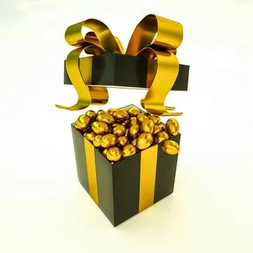 Open black gift box full of golden easter eggs. 3d render illustration Stock Illustration