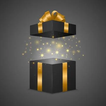 Open Black Gift Box with Gold Ribbon Bow and Magic Glow Vector 3d Realistic Stock Illustration