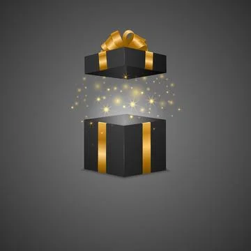 Open Black Gift Box with Gold Ribbon Bow and Magic Glow Vector 3d Realistic Stock Illustration
