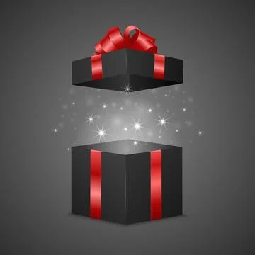 Open Black Gift Box with Red Ribbon and Magic Light, Realistic 3d Vector Holiday Stock Illustration