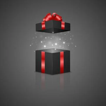 Open Black Gift Box with Red Ribbon, Magic Light and Reflection, Realistic 3d Stock Illustration