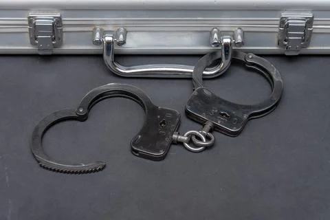 Open black handcuffs placed in front of a silver metal briefcase Stock Photos