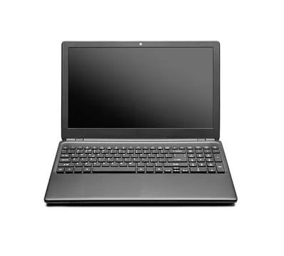 Open black laptop computer with a blank screen isolated on a white background. Stock Photos