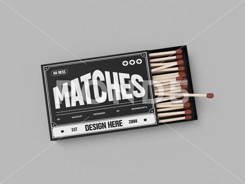 Open Black Matchbox Mockup with Matches on Gray Background PSD Template