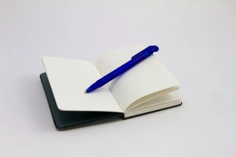 Open black notebook with pen Foto stock