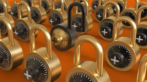 Open black padlock in crowd of closed gold padlock 3d rendering image Stock Illustration