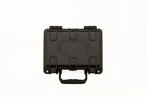 Open black plastic case with foam inside. Black plastic hard case for transpo Foto stock