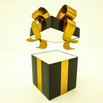 Open blank black gift box with gold ribbon. 3d render illustration 스톡 일러스트