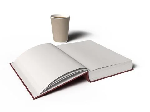 Open Blank Book 3D Render Side View With A Cup Isolated In White Background Stock Illustration