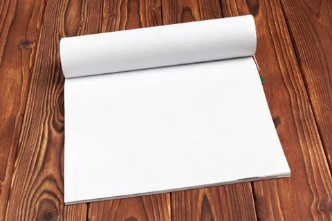 Open blank journal pages for your design copy space on wooden background Stock Photos