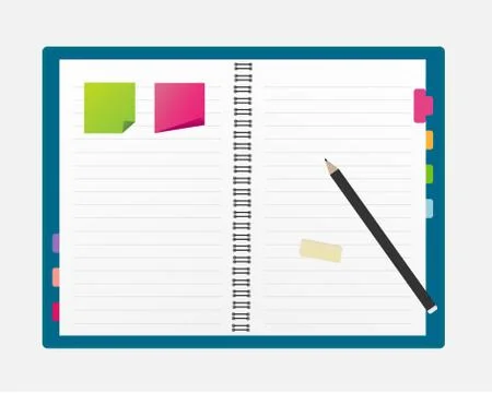 Open blank note book with some stickies and pencil. Stock Illustration