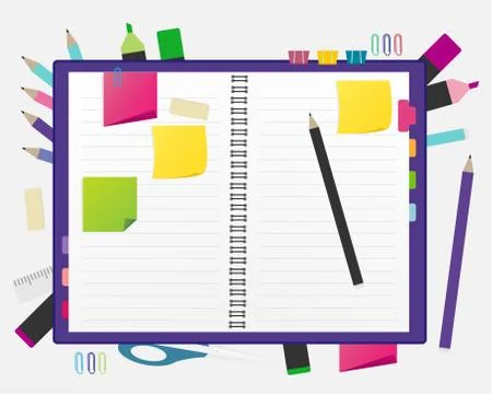 Open blank note book with some stickies and pencil. Stock Illustration