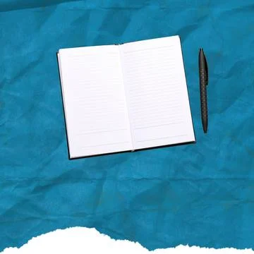 Open Blank Notebook and Black Pen on Blue Crumpled Paper Texture Background Stock Photos