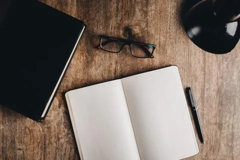 An open blank notebook for bible study. Top view flat lay. Stock Photos