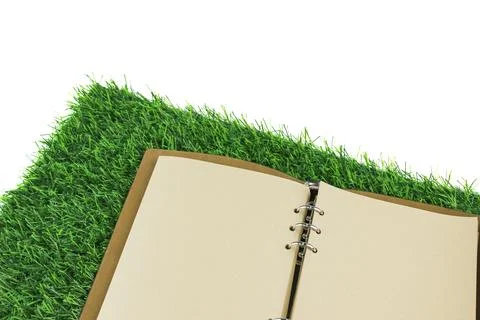 An open blank notebook resting on artificial grass, copy space for creative.. Stock Photos