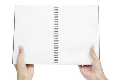 Open blank page note book and hand Stock Photos