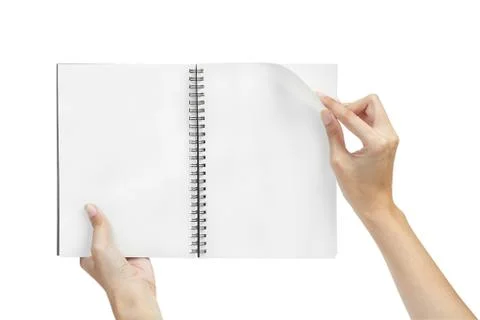 Open blank page note book and hand Stock Photos