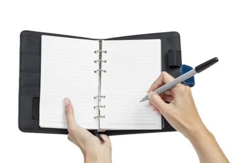 Open blank page note book and hand Stock Photos