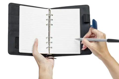 Open blank page note book and hand Stock Photos
