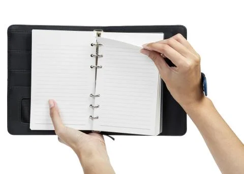Open blank page note book and hand Foto stock