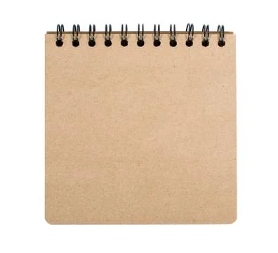 Open blank square notebook from brown craft paper with a spiral lies on a whi Stock Photos
