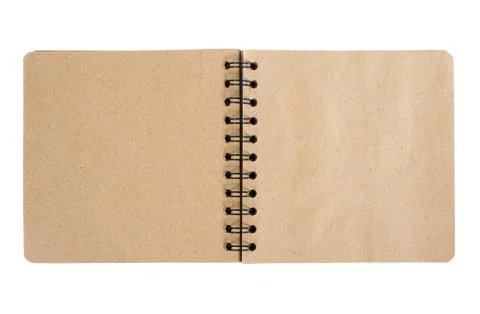 Open blank square notebook from brown craft paper with a spiral lies on a whi Stock Photos