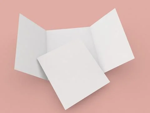 Open blank three foldable flyer and A4 sheet mockup on pink background. 3d .. Stock Illustration