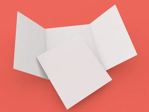 Open blank three folded flyer and A4 sheet mockup on red background. Stock Illustration